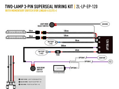 LAZER LAMPS Kabelsatz mit Momentanschalter für zwei Linear 6 Elite+ (3-poligem, Superseal, 12V)